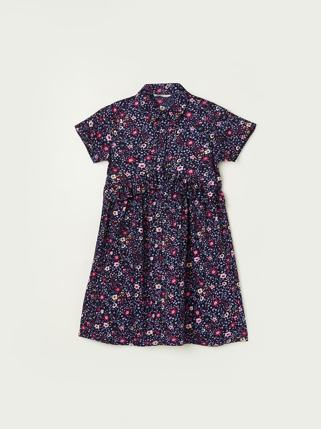 

Fame Forever by Lifestyle Floral Printed Ruffled Shirt Dress, Navy blue