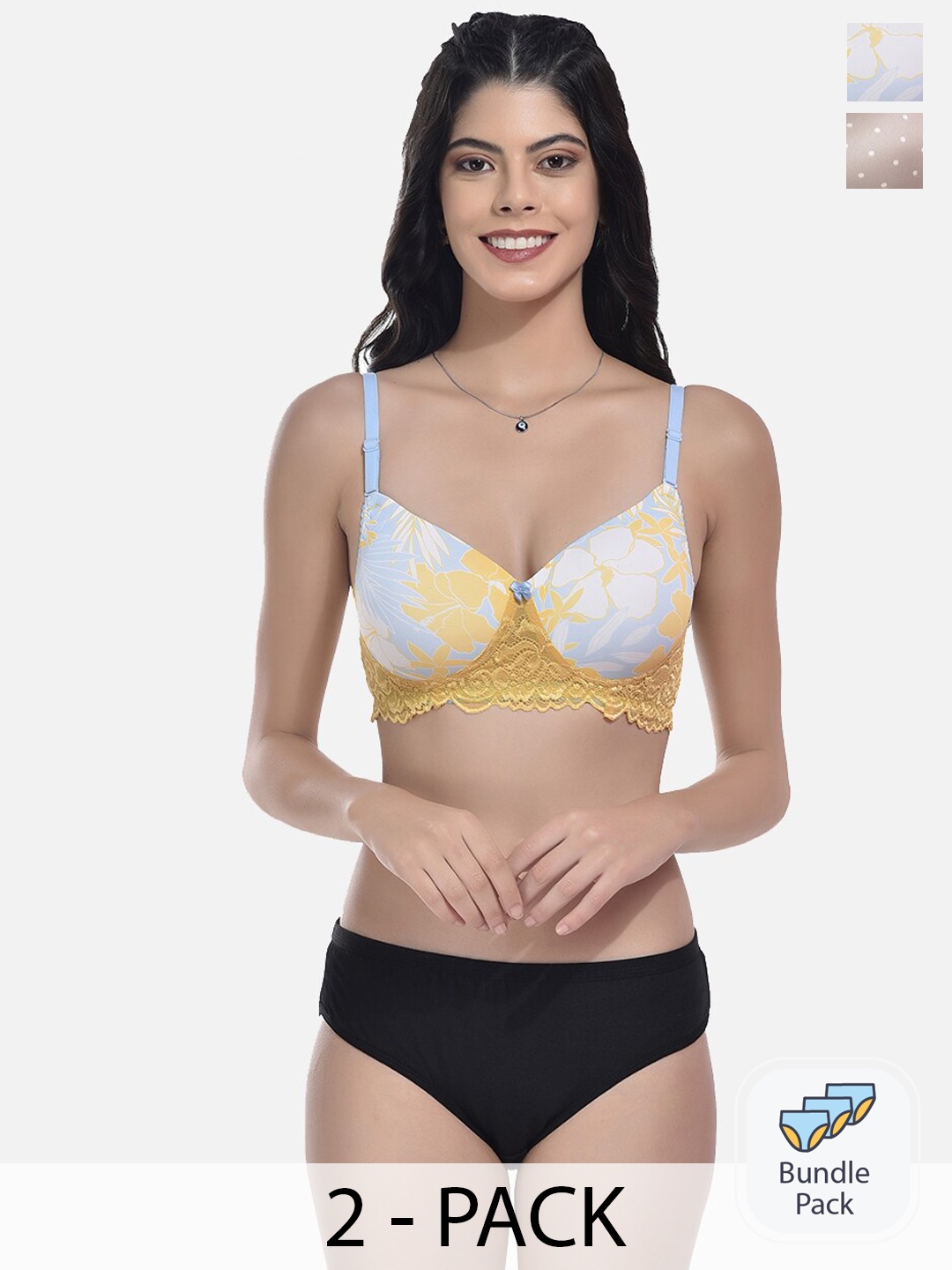 

StyFun Pack of 2 Self-Design Lightly Padded Lingerie Sets, Yellow