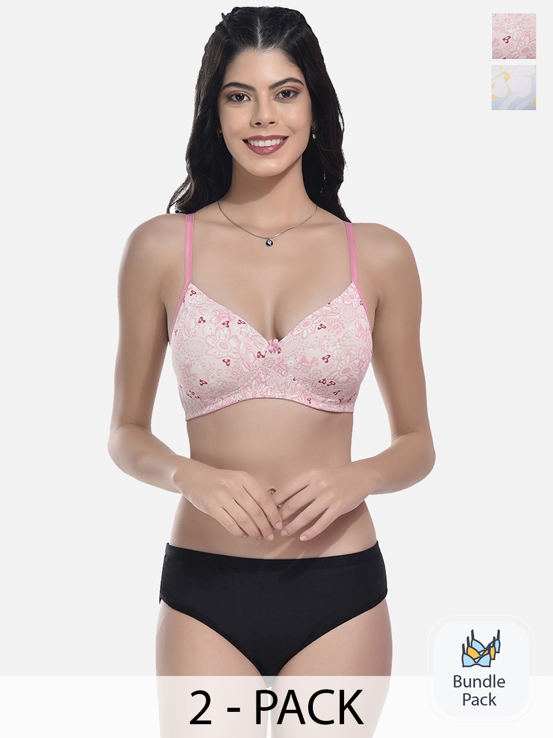 

StyFun Pack Of 2 Self-Design Lightly Padded Lingerie Set, Pink