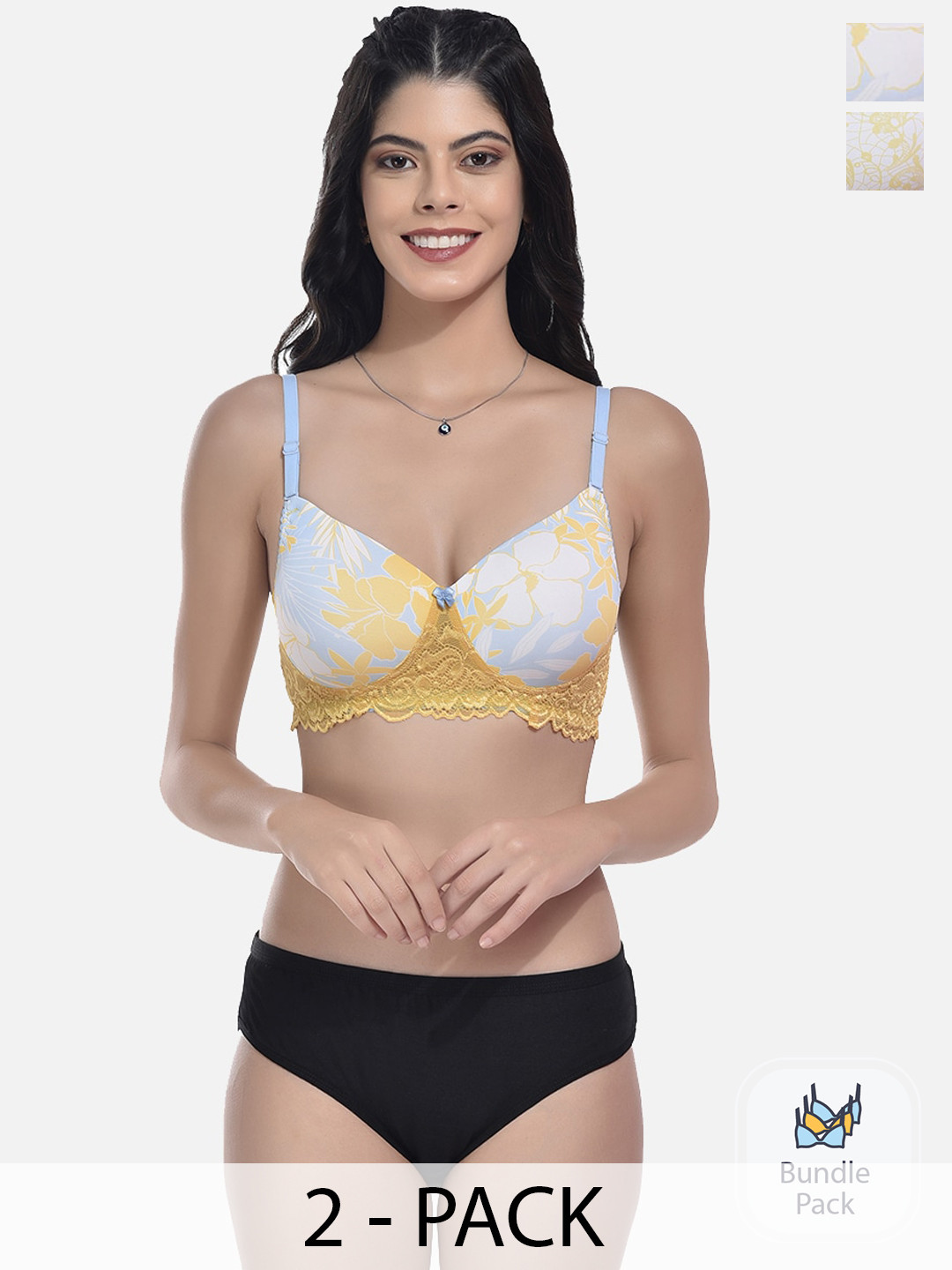 

StyFun Pack Of 2 Lightly Padded Cotton Lingerie Sets, Yellow