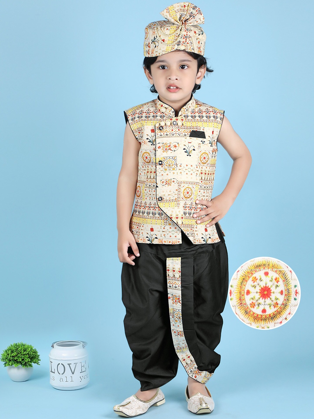 

KIDS FARM Boys Ethinic Printed Angrakha Kurta with Dhoti Pants With printed Saafa, Cream