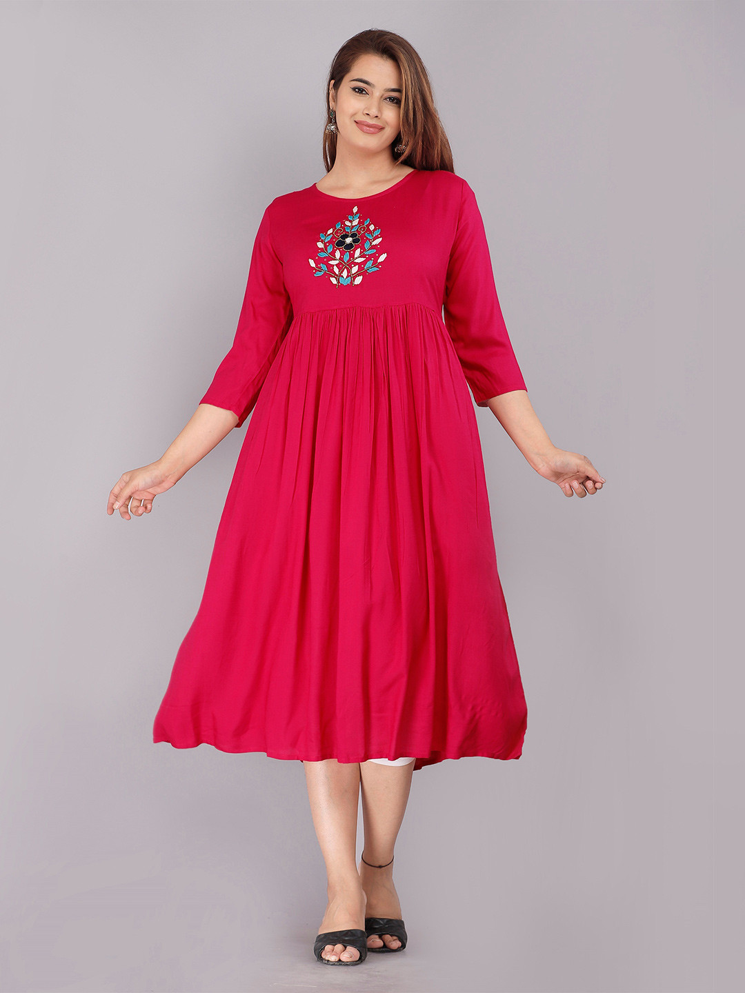 

NAMA'S Floral Embroidered Fit and Flare Midi Dress, Pink