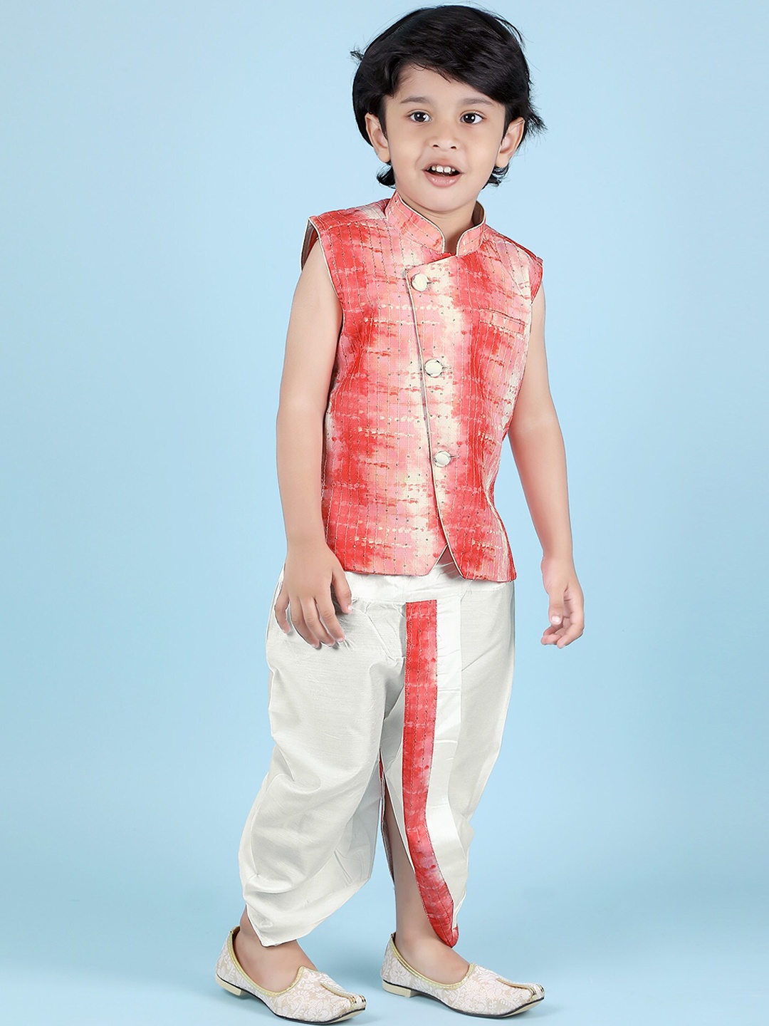

KIDS FARM Boys Tie & Dye Printed Sequinned Pure Silk Angrakha Kurta with Dhoti Pants, Red