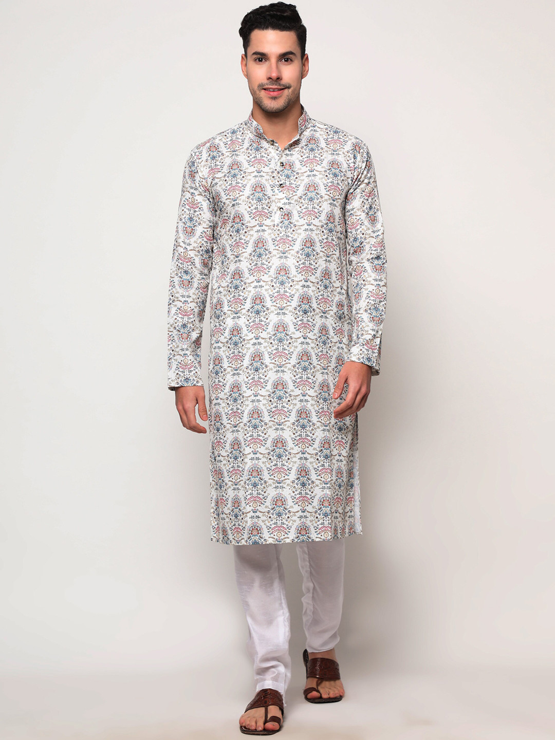 

ZARIMO Ethnic Motifs Printed Mandarin Collar Kurta, White