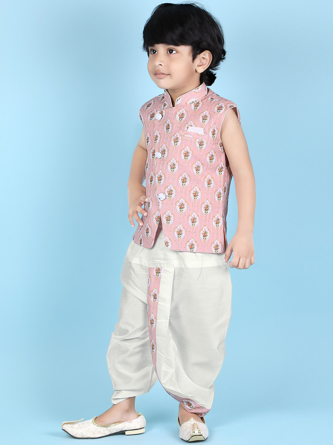 

KIDS FARM Boys Ethnic Motifs Printed Regular Sequinned Pure Silk Kurta with Dhoti Pants, Pink