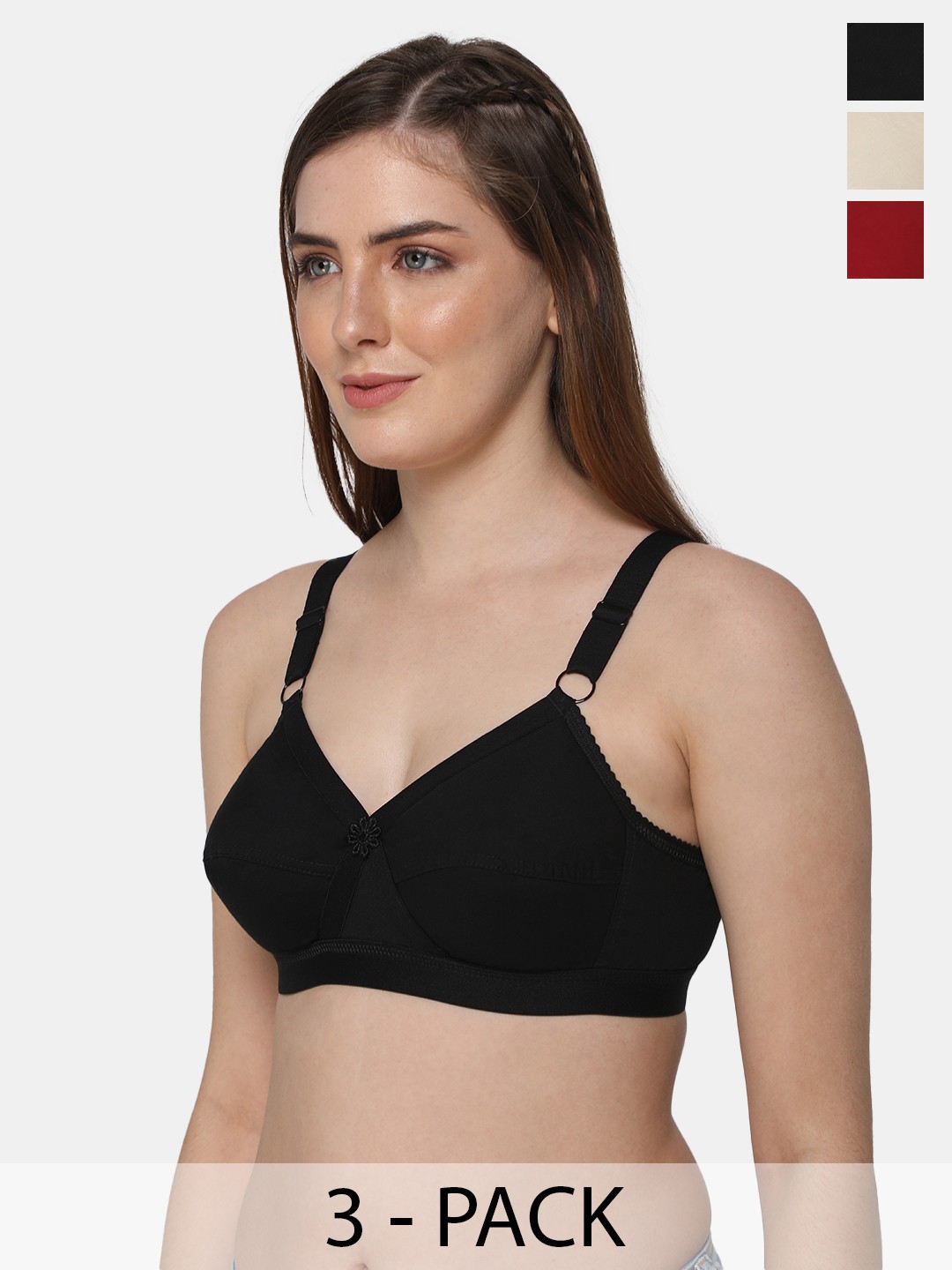 

intimacy LINGERIE Pack of 3 Non Padded Cotton Everyday Bra - Medium Coverage, Black