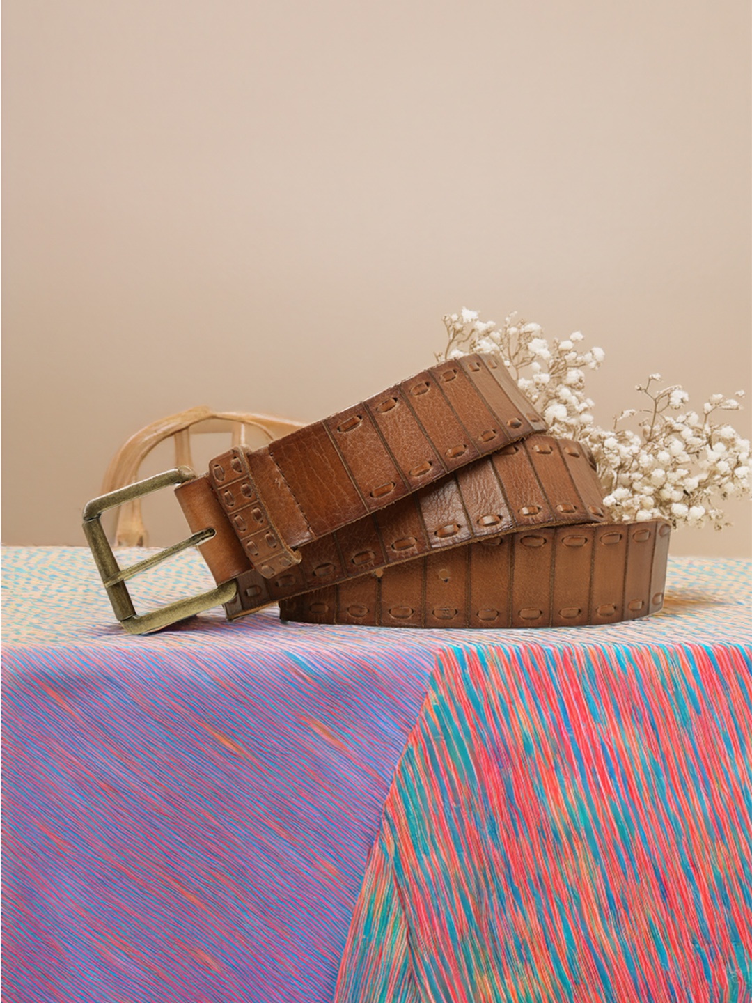 

ART N VINTAGE Men Textured Leather Belt, Tan
