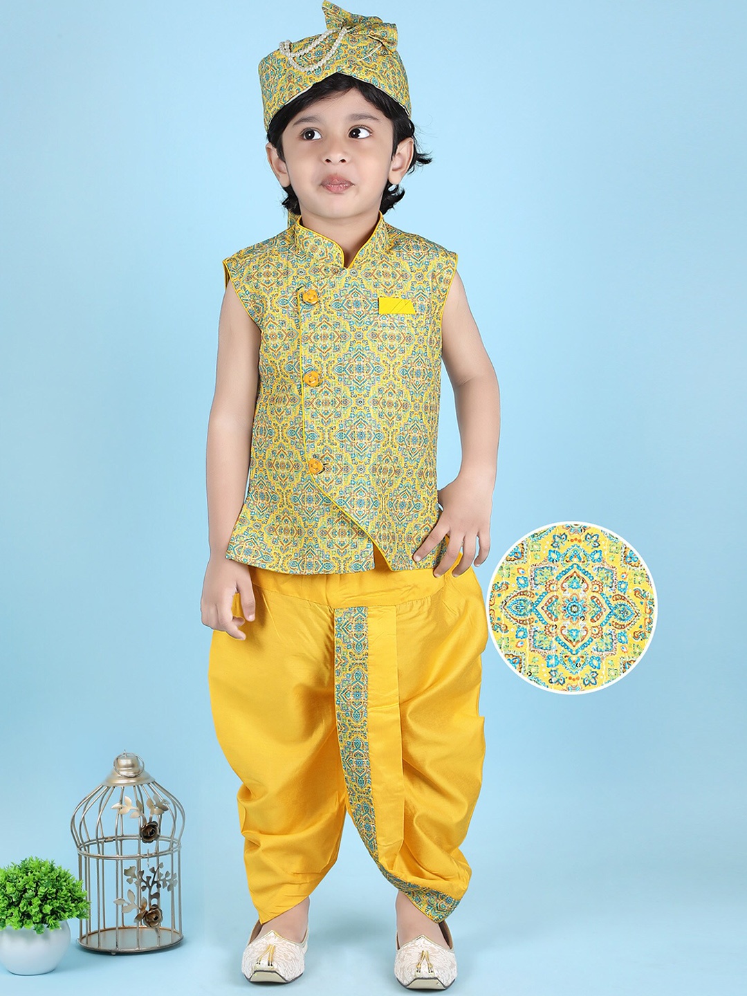 

KIDS FARM Boys Ethnic Motifs Printed Regular Sequinned Pure Silk Kurta with Dhoti Pants, Yellow