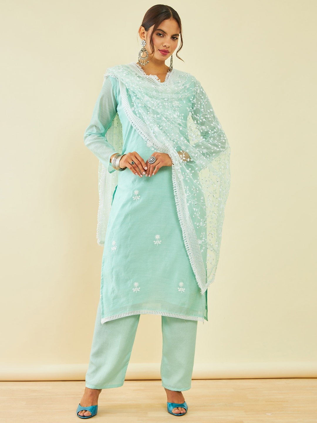 

Soch Chanderi Floral Embroidered Sequinned Unstitched Dress Material, Green