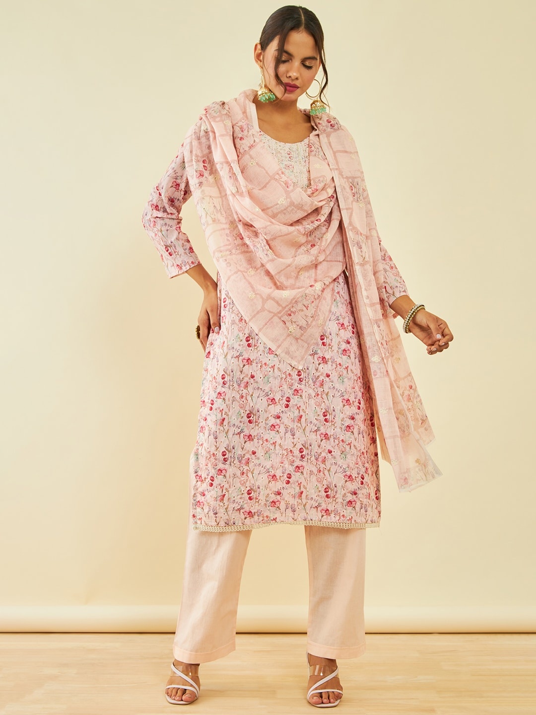 

Soch Floral Embroidered Sequinned Pure Cotton Unstitched Dress Material, Peach