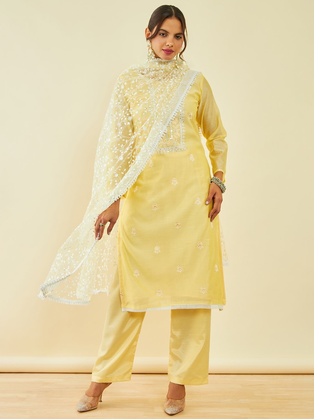 

Soch Chanderi Floral Embroidered Sequinned Unstitched Dress Material, Yellow