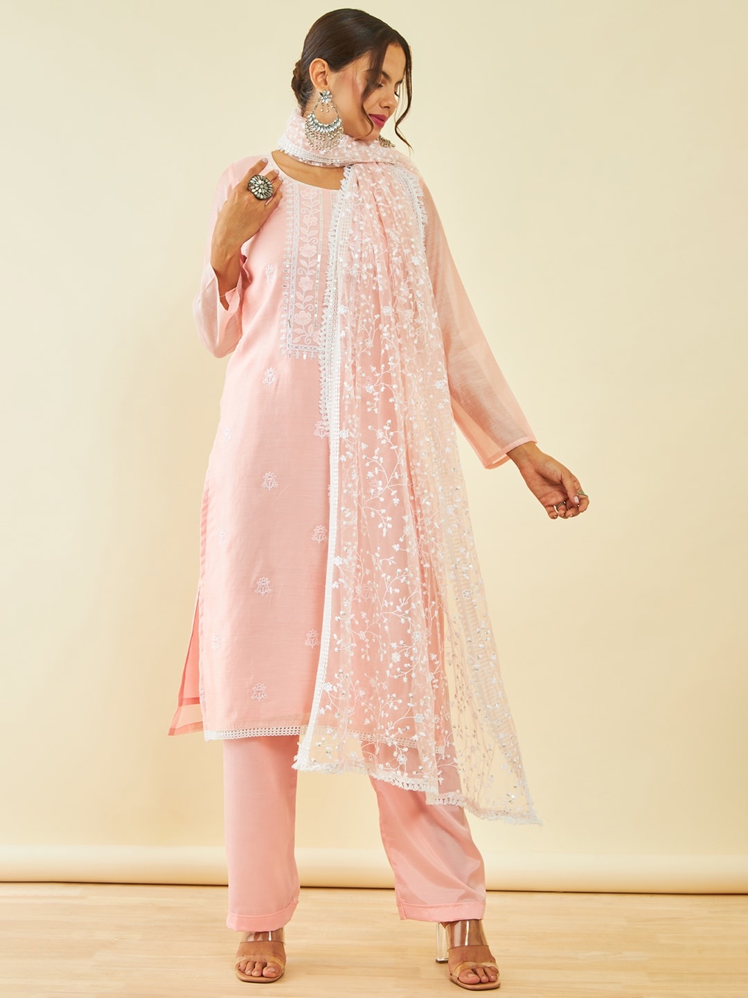 

Soch Floral Embroidered Sequinned Unstitched Dress Material, Peach