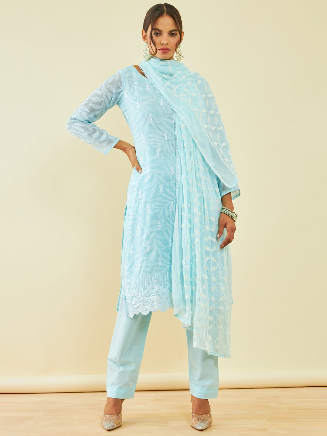 

Soch Floral Embroidered Sequinned Unstitched Dress Material, Blue