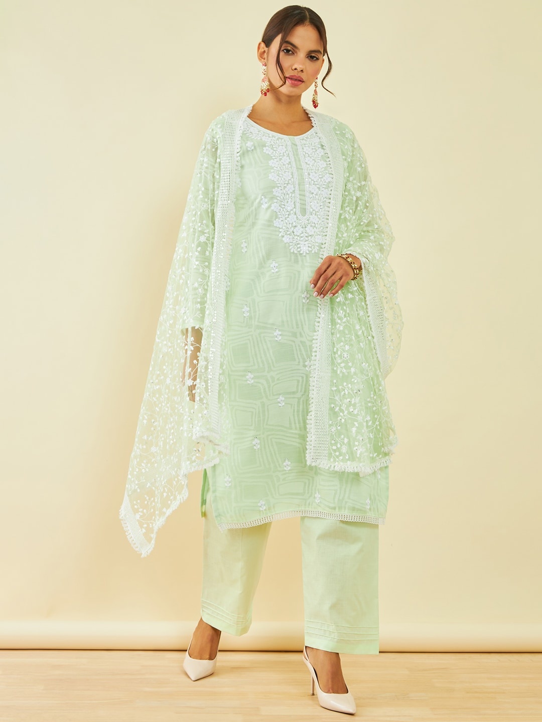 

Soch Chanderi Floral Embroidered Sequinned Unstitched Dress Material, Green