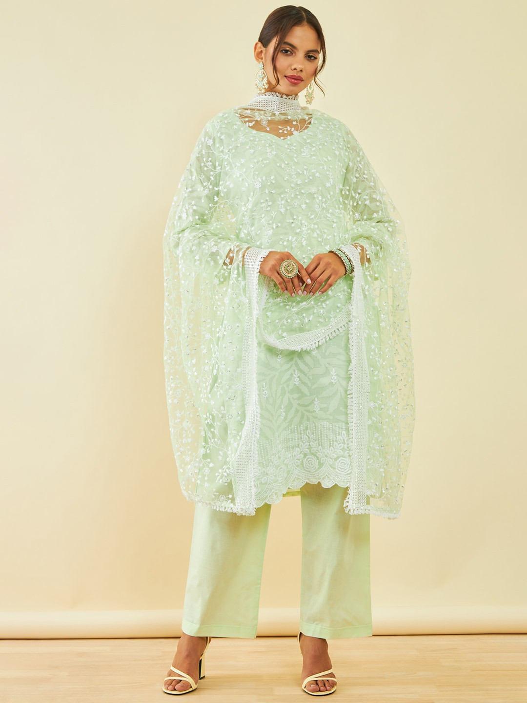 

Soch Floral Embroidered Sequinned Unstitched Dress Material, Green