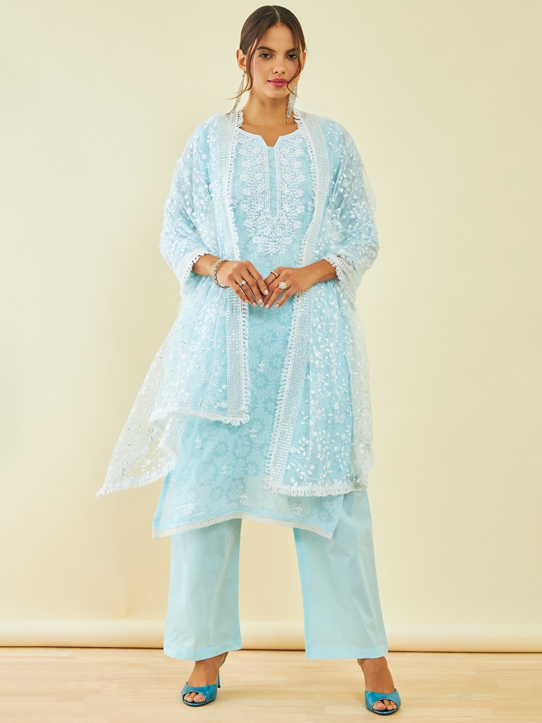 

Soch Chanderi Floral Embroidered Sequinned Unstitched Dress Material, Blue