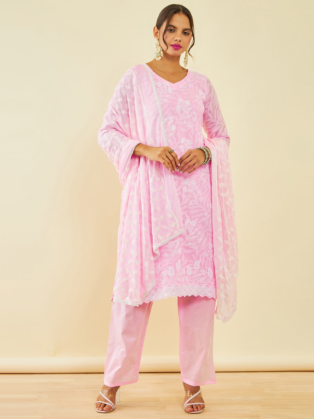 

Soch Chanderi Floral Embroidered Sequinned Unstitched Dress Material, Pink
