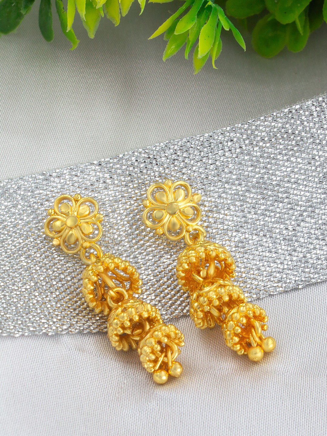 

PRIVIU Gold Plated Floral Jhumkas
