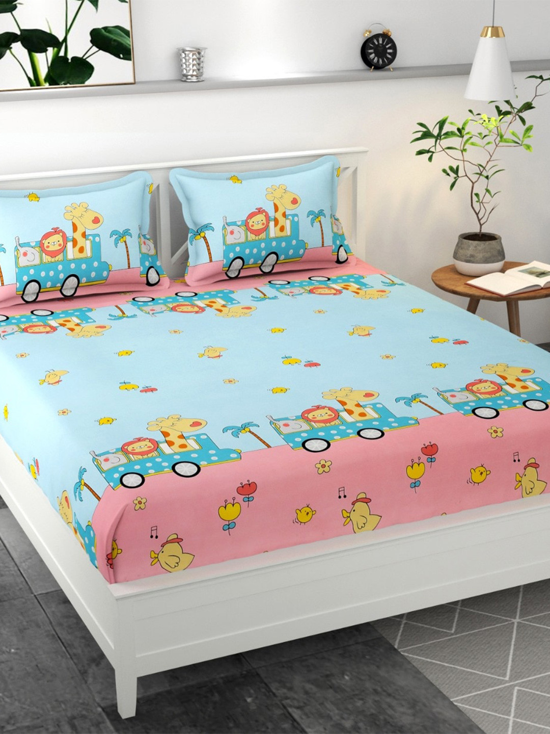 

Bajo's Blue & Pink Printed Cotton 300 TC Fitted Queen Bedsheet with 2 Pillow Covers
