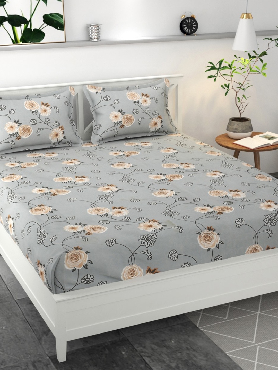 

Bajo's Grey & Brown Floral Cotton 300 TC Queen Bedsheet With 2 Pillow Covers