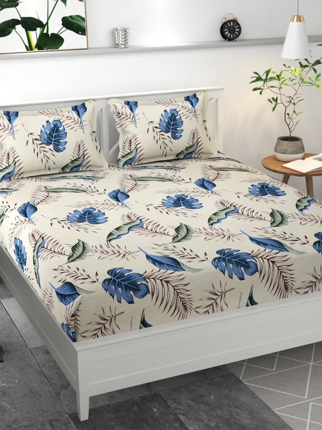 

Bajo's Cream & Blue Printed Cotton 300 TC Fitted Queen Bedsheet with 2 Pillow Covers
