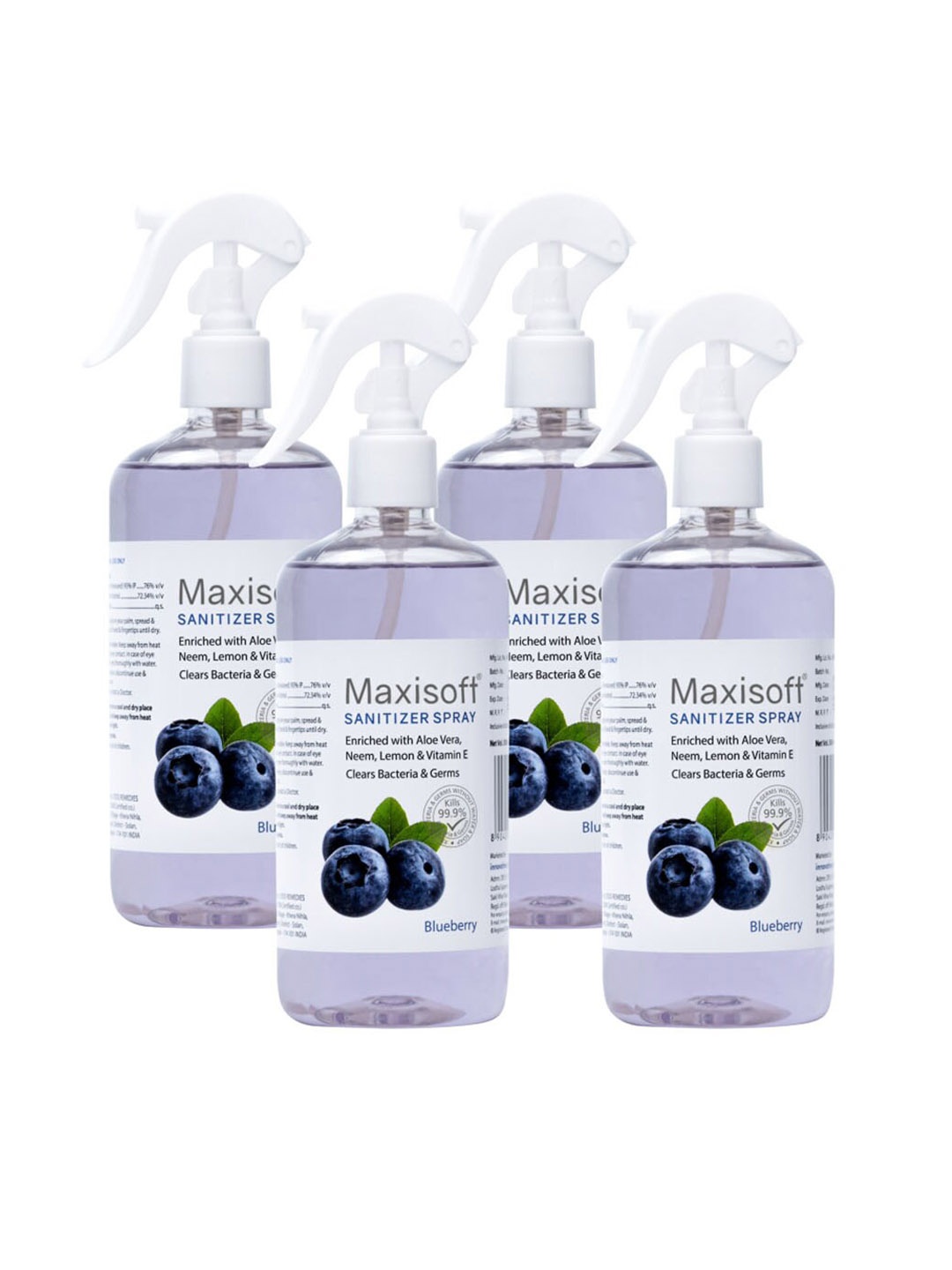 

Maxisoft Set Of 4 Blueberry Hand Sanitizer Sprays To Clear Bacteria & Germs - 500ml Each, Purple