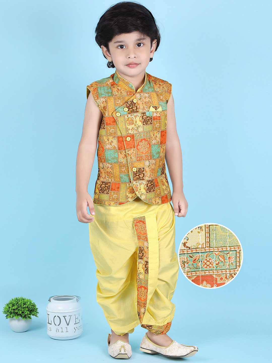 

KIDS FARM Boys Ethnic Motifs Printed Regular Sequinned Pure Silk Kurta with Dhoti Pants, Yellow
