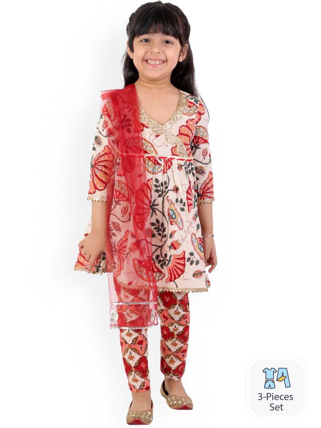 

BAESD Girls Floral Printed A-Line Pure Cotton Kurta With Trousers & Dupatta, Beige