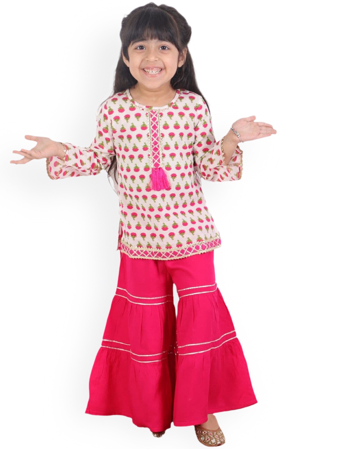 

BAESD Girls White Floral Printed Gotta Patti Pure Cotton Straight Kurti with Sharara