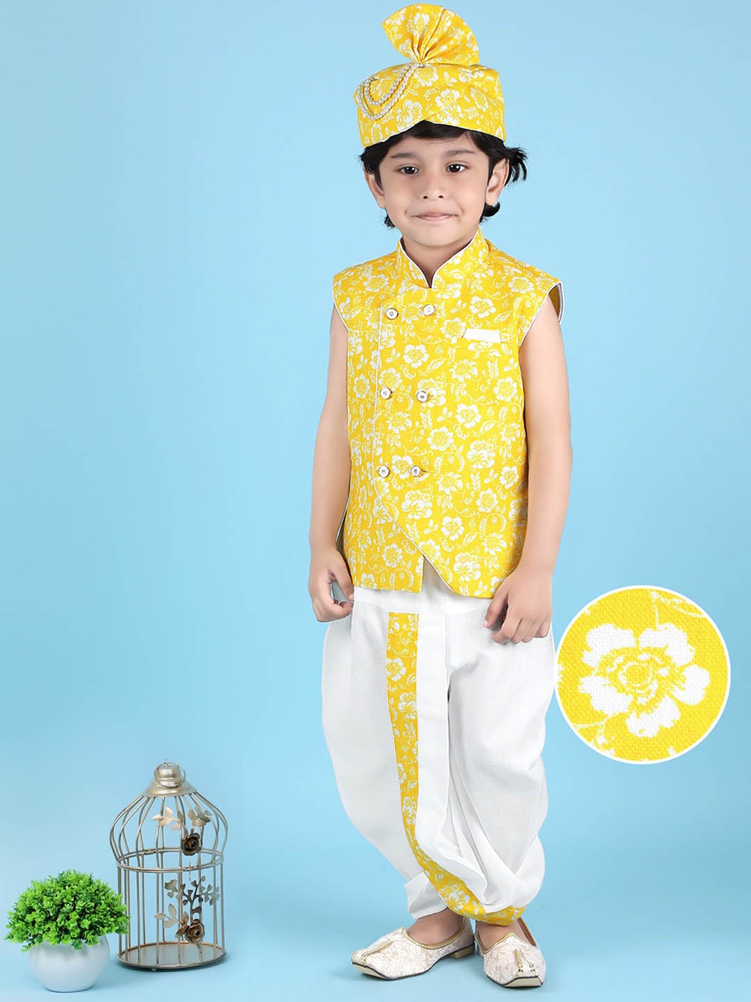 

KIDS FARM Boys Floral Printed Angrakha Kurta with Dhoti Pants With printed Saafa, Yellow