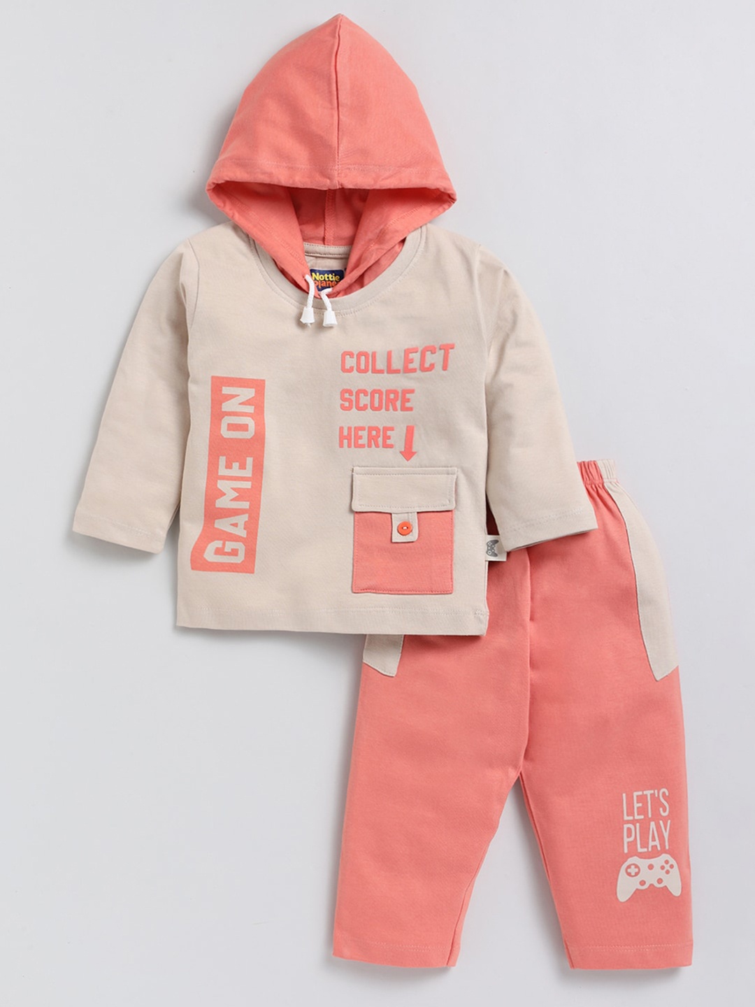 

Nottie Planet Boys Printed Hooded Pure Cotton T-shirt with Trousers, Peach