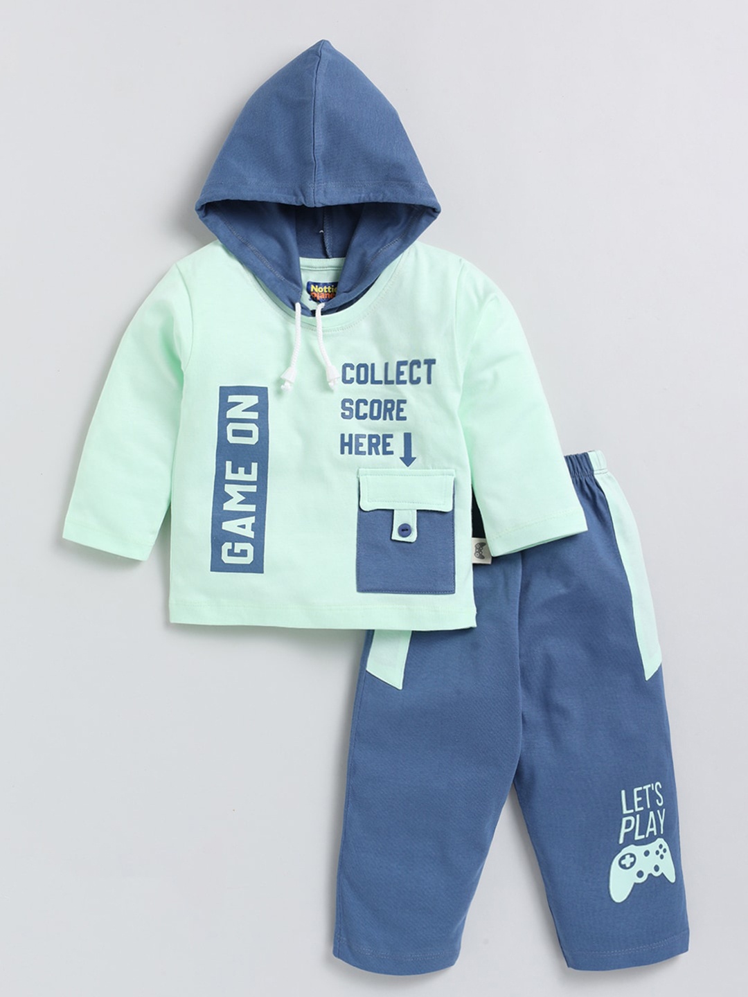 

Nottie Planet Boys Printed Hooded Pure Cotton T-shirt with Pyjamas, Sea green