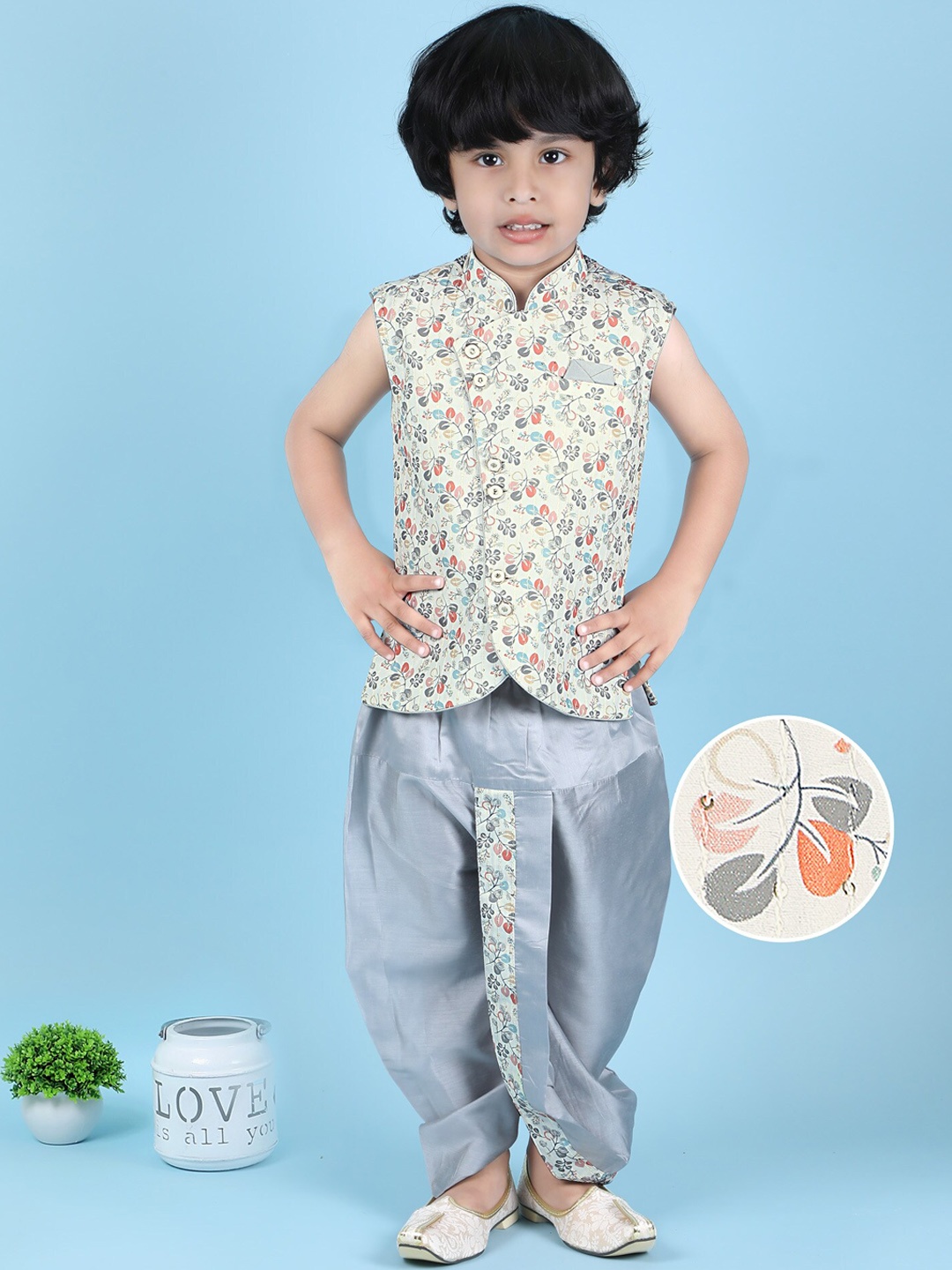 

KIDS FARM Boys Floral Printed Pure Silk Angrakha Kurta with Dhoti Pants, Grey