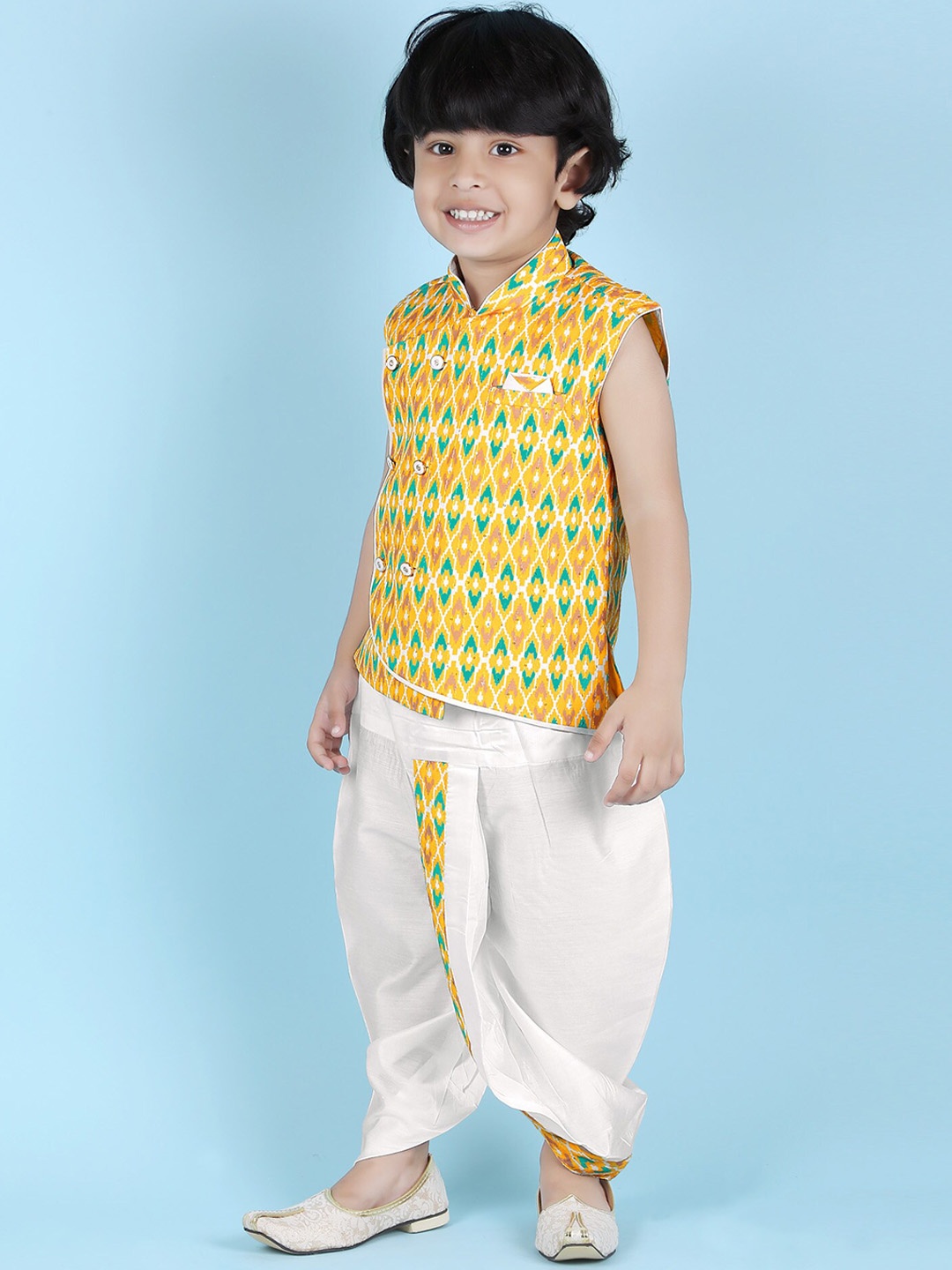 

KIDS FARM Boys Ethnic Motifs Printed Pure Silk Angrakha Kurta with Dhoti Pants, Yellow