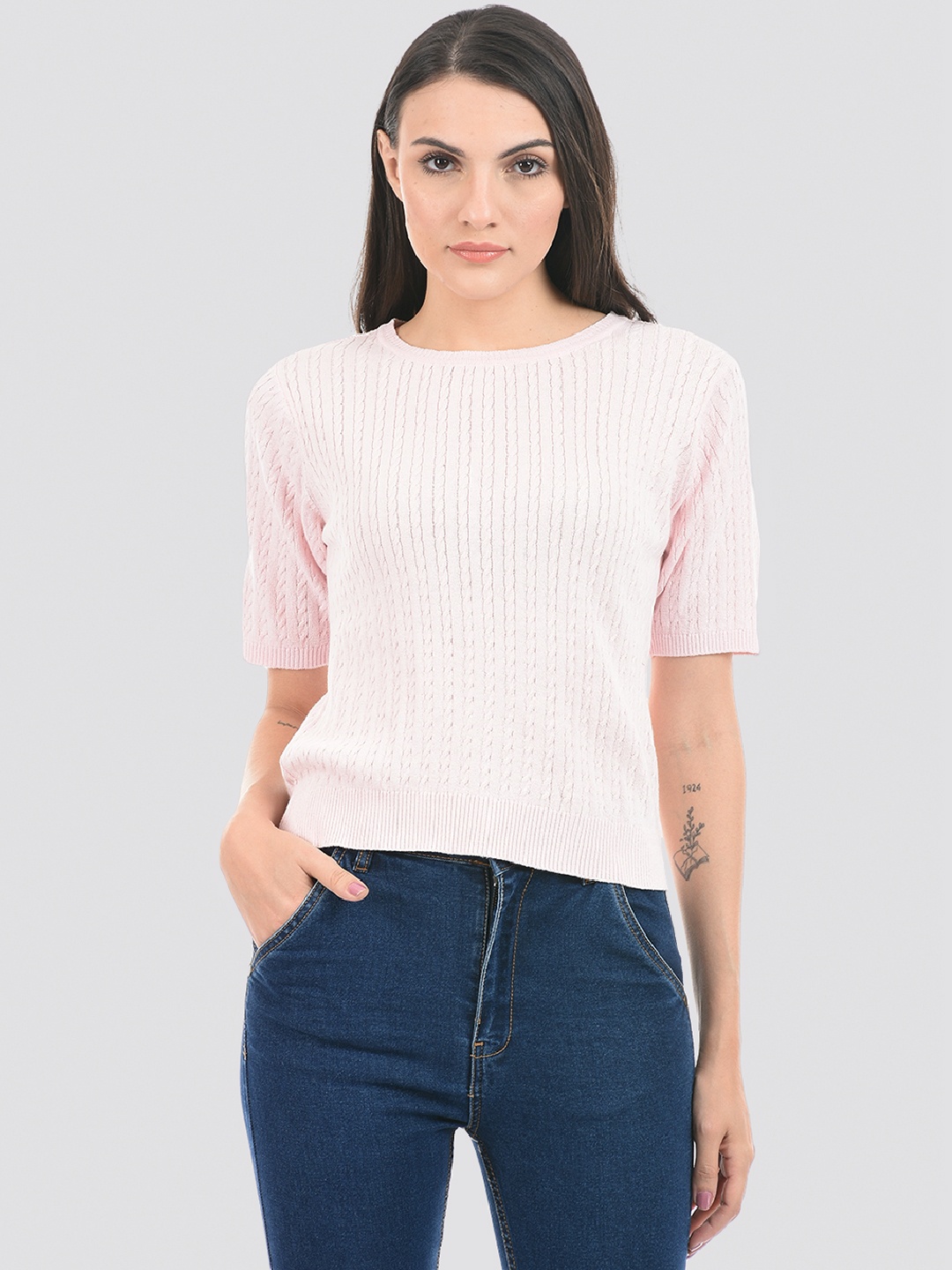 

PORTOBELLO Self Design Knitted Top, Pink