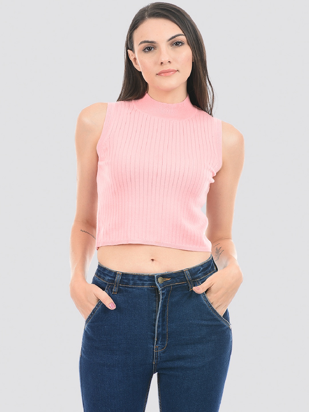 

PORTOBELLO Self Design Fitted Crop Top, Pink