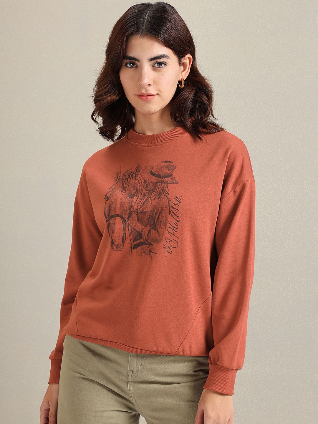 

U.S. Polo Assn. Women Graphic Printed Pullover Sweatshirt, Brown
