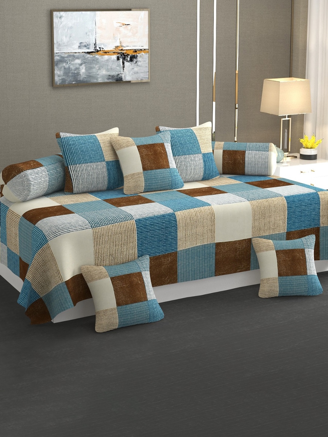 

Bajo's Blue & Brown 8 Pieces Checked Cotton Diwan Set
