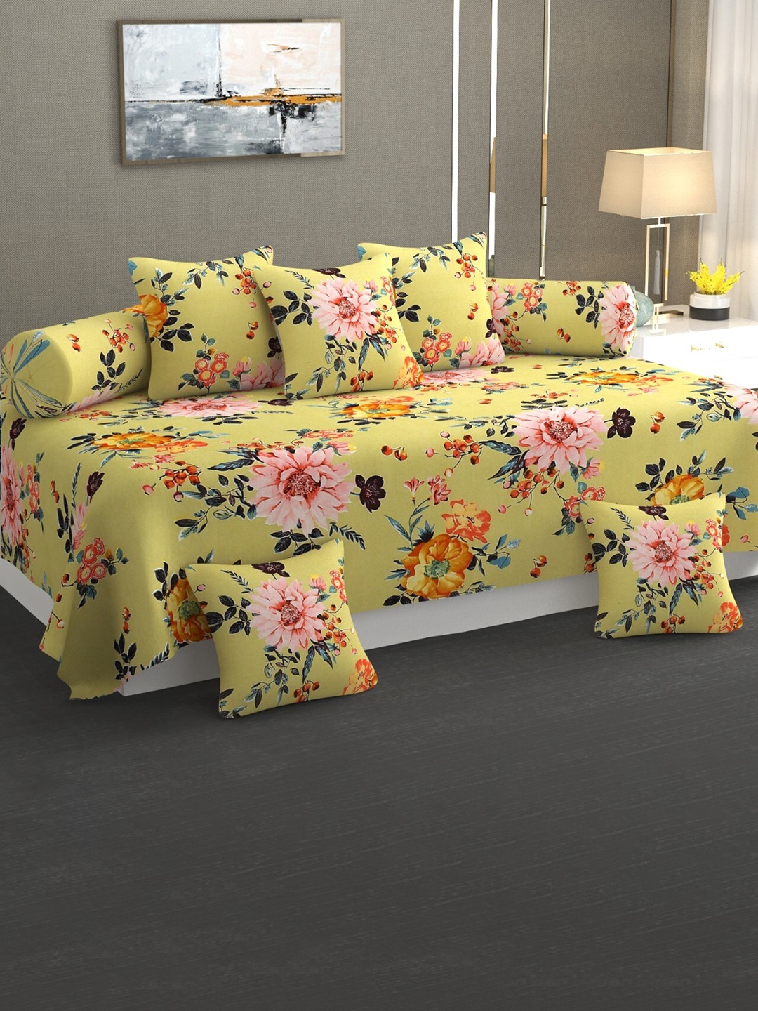 

Bajo's 8-Pcs Yellow & Pink Floral Printed Cotton Diwan Set