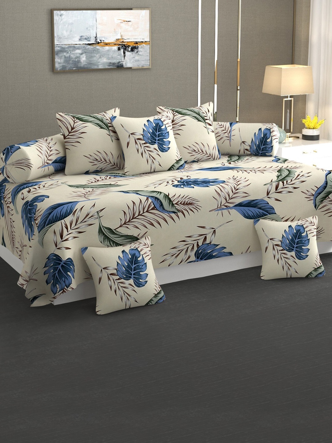 

Bajo's Beige & Blue 8 Pieces Printed Cotton Diwan Set
