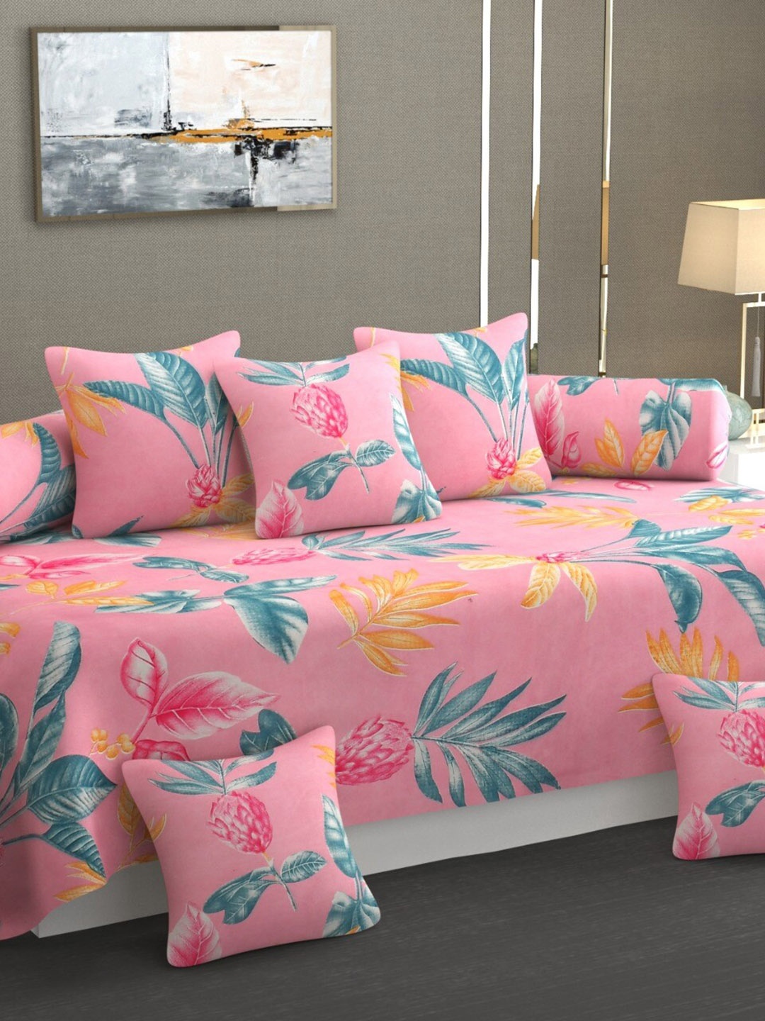 

Bajo's Pink & Blue 8 Pieces Printed Cotton Diwan Set