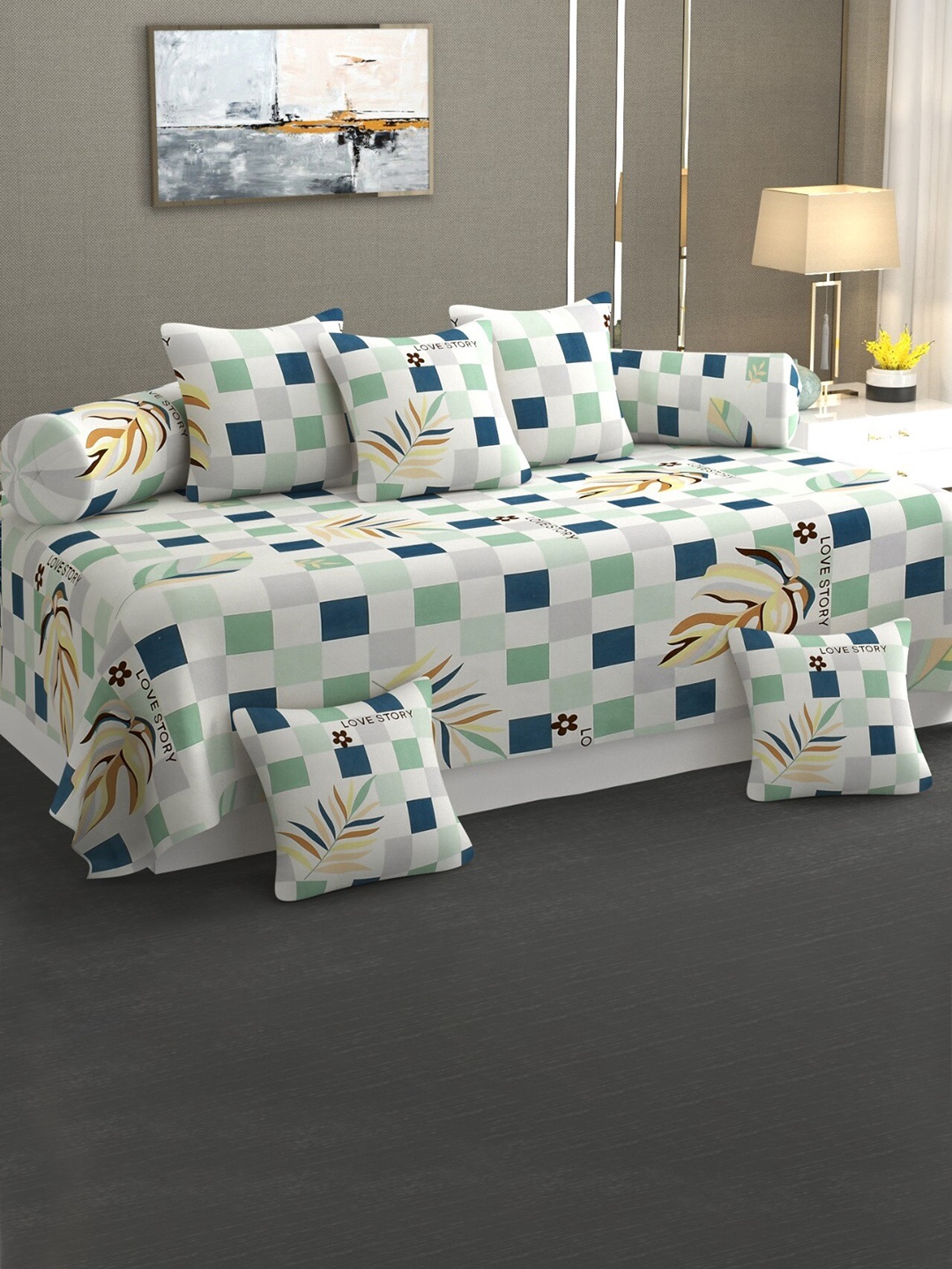 

Bajo's White & Blue 8 Pieces Geometric Printed Cotton Diwan Set
