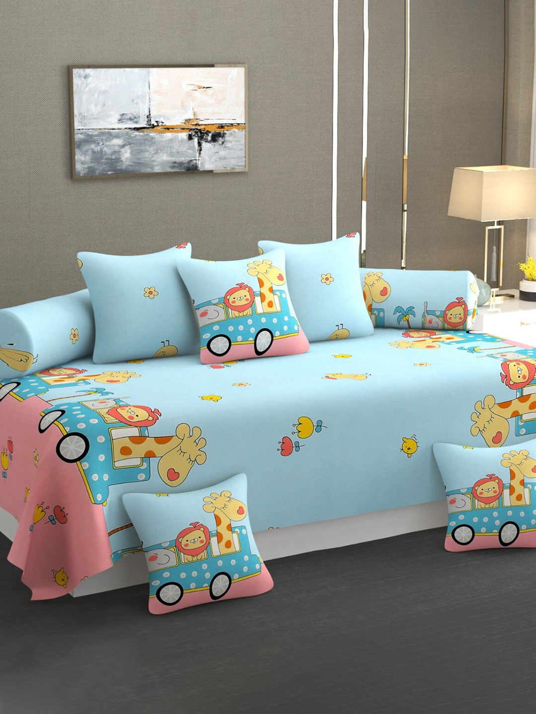 

Bajo's Blue & Pink 8 Pieces Printed Cotton Diwan Set