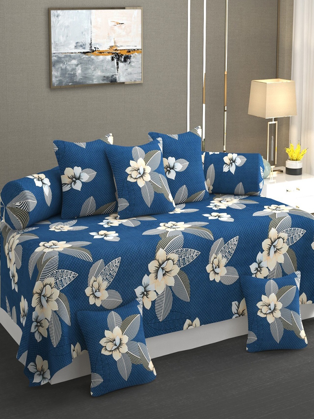

Bajo's Blue & Beige 8 Pieces Floral Printed Cotton Diwan Set