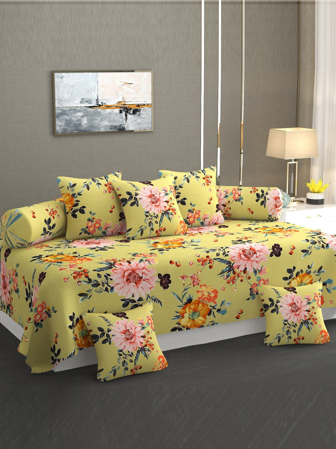 

Bajo's Yellow & Pink8 Pieces Floral Printed Cotton Diwan Set
