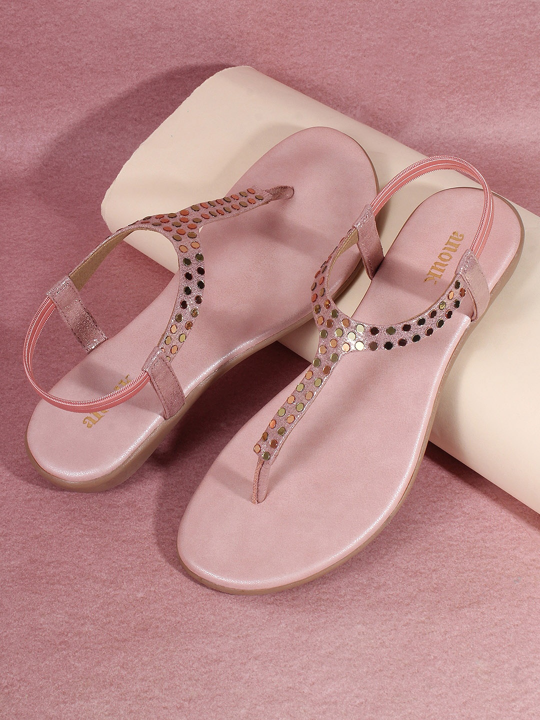 

Anouk Rose Gold Embellished T- Strap Flats With Backstrap