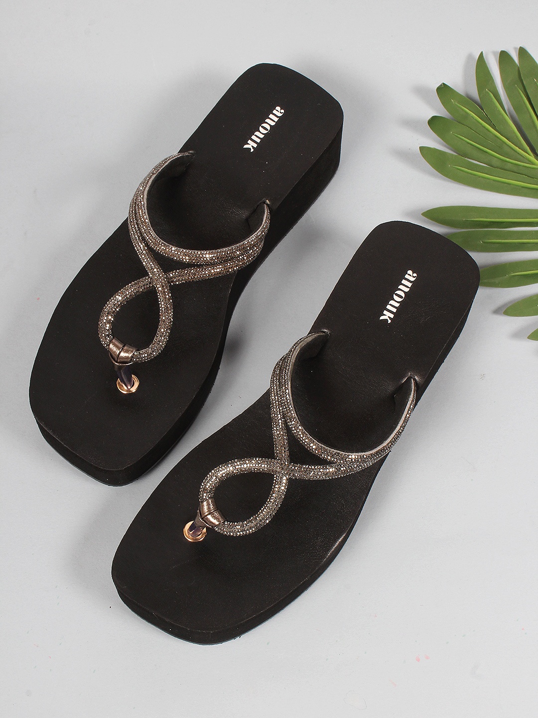

Anouk Black & Silver-Toned Embellished Flatform Heels