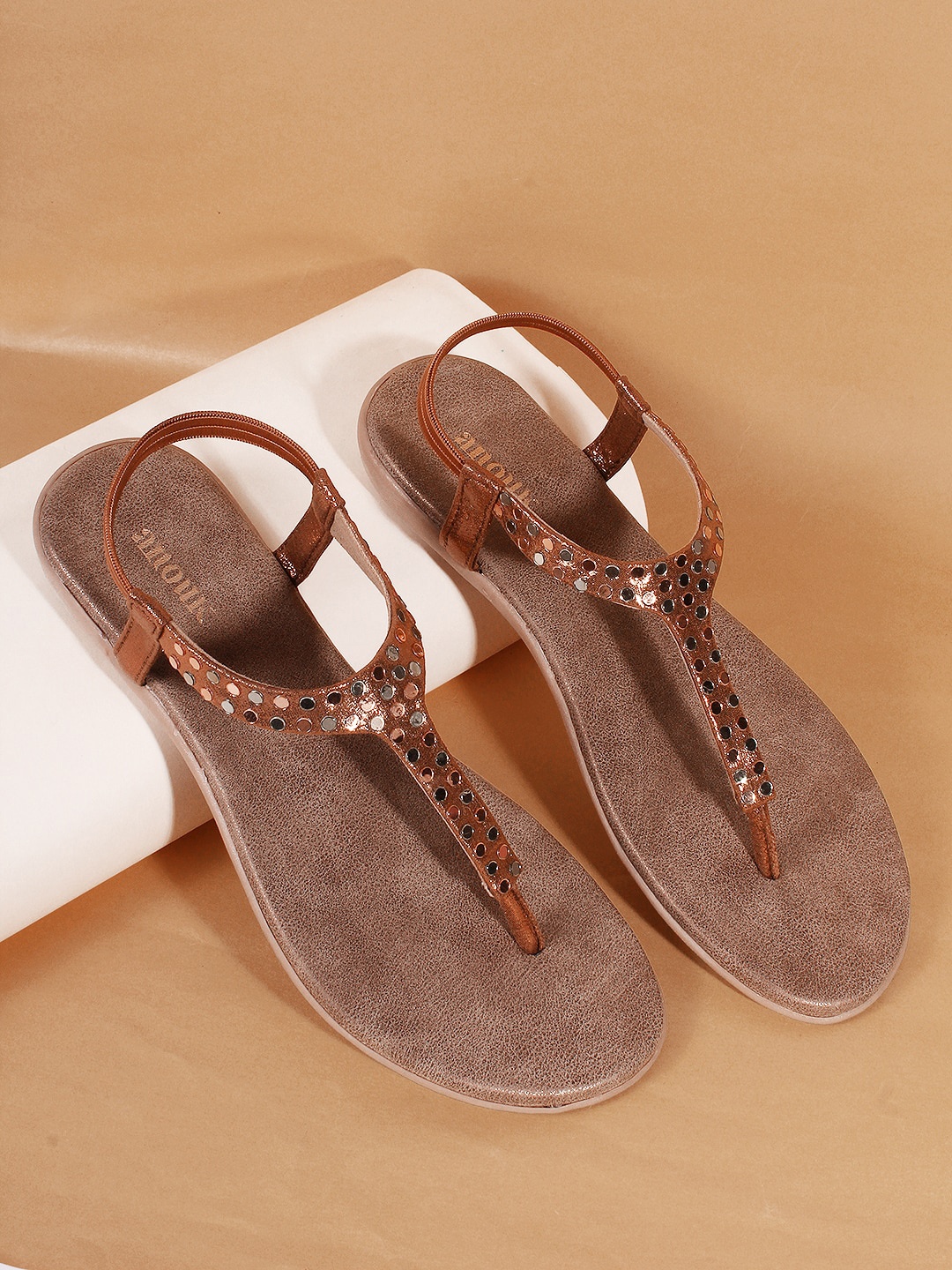 

Anouk Brown & Gold-Toned Embellished T-Strap Flats