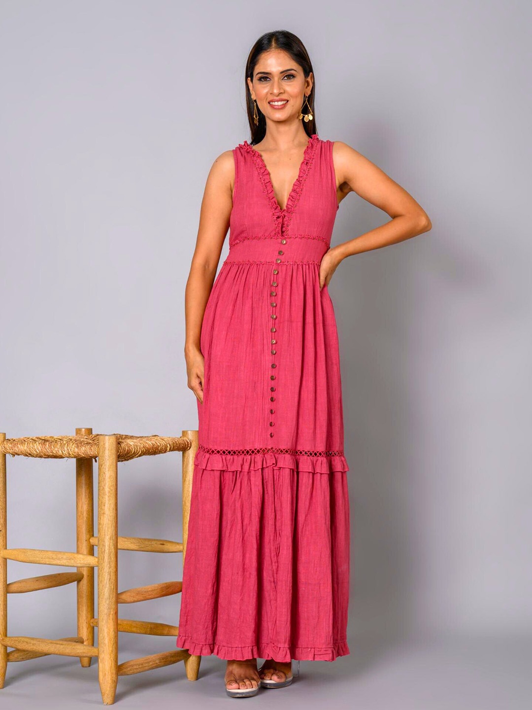 

WESTIFIED V-Neck Sleeveless Tiered Embellished Pure Cotton Maxi Dress, Pink