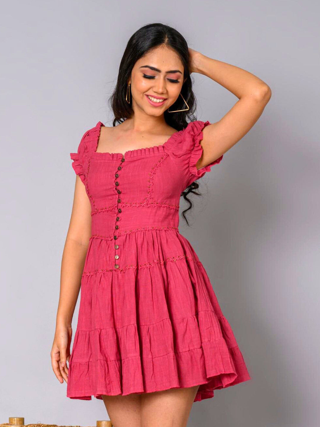 

WESTIFIED Square Neck Puff Sleeves Embellished Tiered Pure Cotton Fit & Flare Mini Dress, Pink